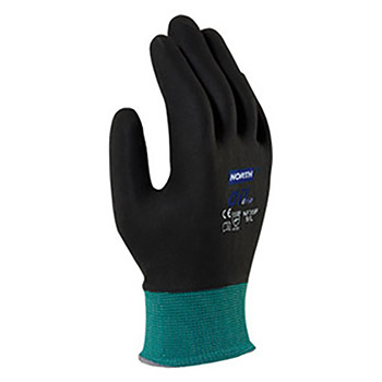 North by Honeywell Size 9 NorthFlex Oil Grip 15 Gauge Light Weight Cut Resistant Black Nitrile Palm And Fingertip Coated Work Gloves With Green Seamless Nylon Liner And Knit Wrist