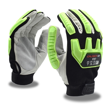 CALIBER-GT Mechanics Glove, Double Goatskin Leather Palm, Cut & Sewn HPPE/Steel Palm Lining, Spandex Back With Lime TPR Protectors, Keystone Thumb, ANSI Cut Level A5, ANSI Impact Level 1, ANSI Abrasion Level 5, ANSI Puncture Level 4, Velcro Wrist , Per Pr