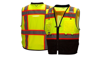 Pyramex Hi-Vis Utility Vest, Lightweight Polyester Mesh, Solid Black Front Bottom, 2" Silver Reflective Material, 5" Contrasting Trim, Accessory Loops on Exterior of Collar in Back, 2 in Front, D-ring on Back, Zipper Front Closure, Padded Collar, Per Ea