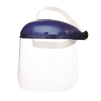 SureWerx SEL-S39010 Clear Polycarbonate Contoured Face Shield 10" X 9" X 4" with Blue Cap and Ratchet Headgear, Uncoated, Per Each